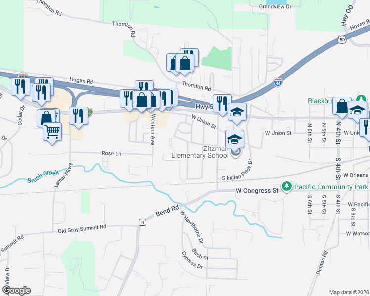 map of restaurants, bars, coffee shops, grocery stores, and more near 1516 West Street Louis Street in Pacific