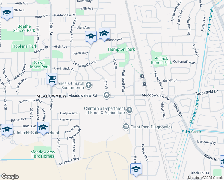 map of restaurants, bars, coffee shops, grocery stores, and more near 3100 Ellwood Avenue in Sacramento