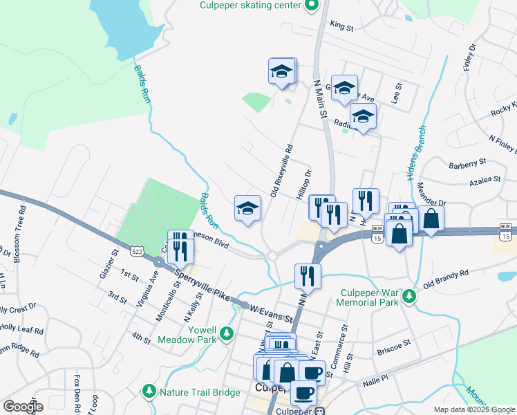 map of restaurants, bars, coffee shops, grocery stores, and more near 826 Old Rixeyville Road in Culpeper