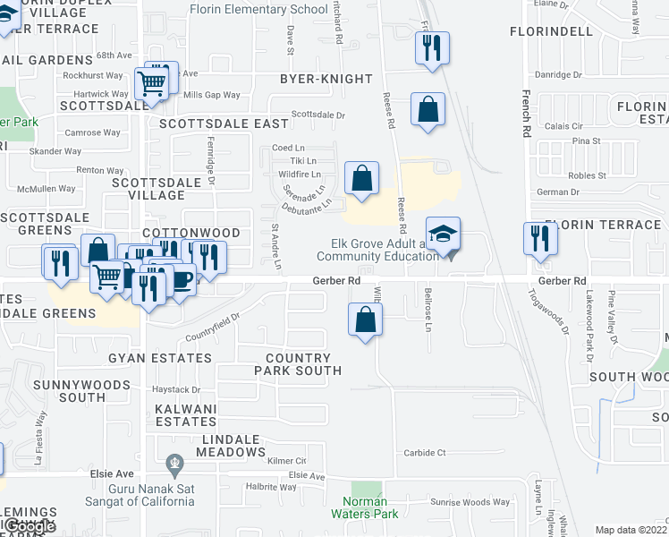 map of restaurants, bars, coffee shops, grocery stores, and more near 8289 Gerber Road in Sacramento
