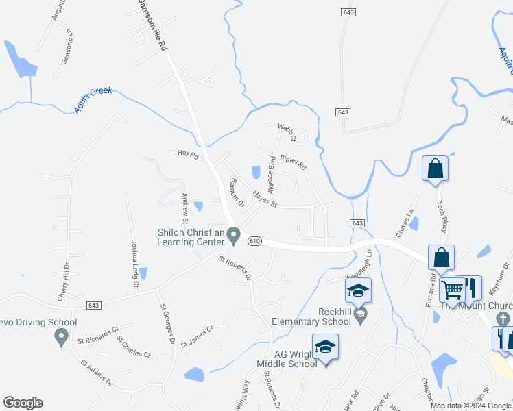 map of restaurants, bars, coffee shops, grocery stores, and more near 5 Ramsey Drive in Stafford