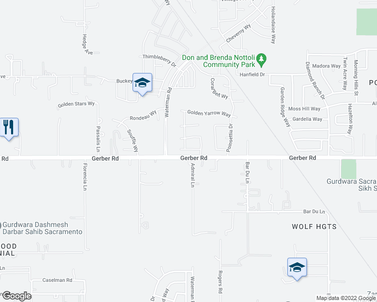 map of restaurants, bars, coffee shops, grocery stores, and more near 9366 Sugar Bush Circle in Sacramento