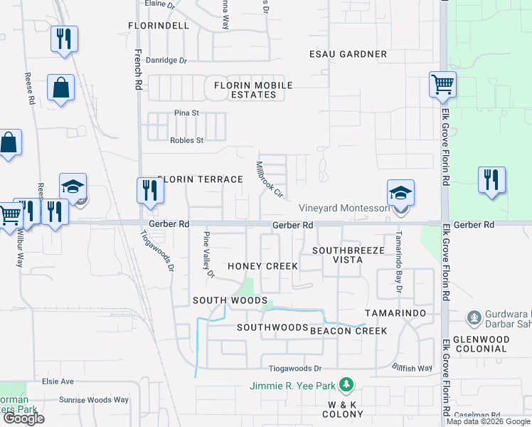 map of restaurants, bars, coffee shops, grocery stores, and more near 5 Millbrook Circle in Sacramento