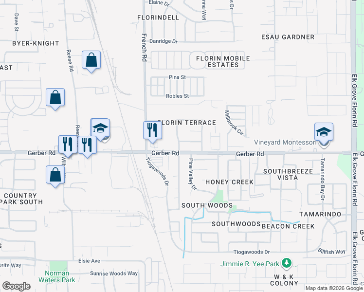 map of restaurants, bars, coffee shops, grocery stores, and more near 7582 Glacken Way in Sacramento
