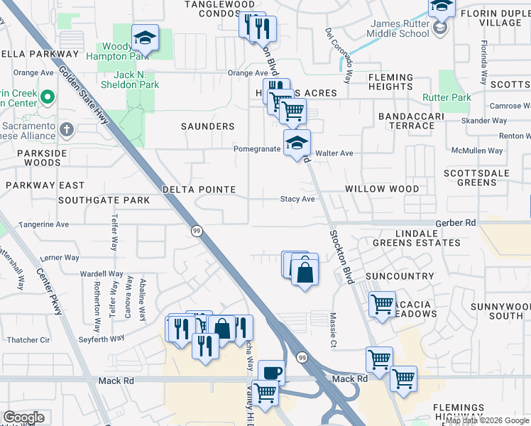 map of restaurants, bars, coffee shops, grocery stores, and more near 6516 Stacy Avenue in Sacramento