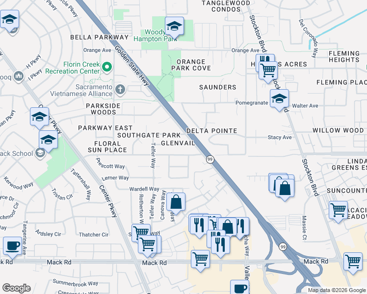 map of restaurants, bars, coffee shops, grocery stores, and more near 5925 Stallon Way in Sacramento