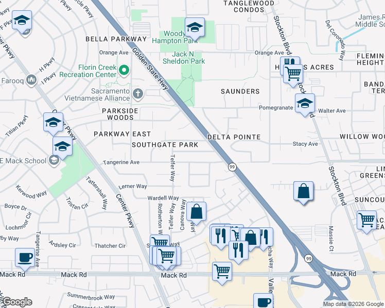map of restaurants, bars, coffee shops, grocery stores, and more near 5865 Stallon Way in Sacramento