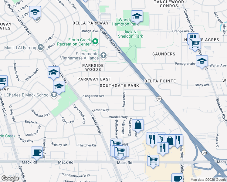 map of restaurants, bars, coffee shops, grocery stores, and more near 5805 Ambler Street in Sacramento