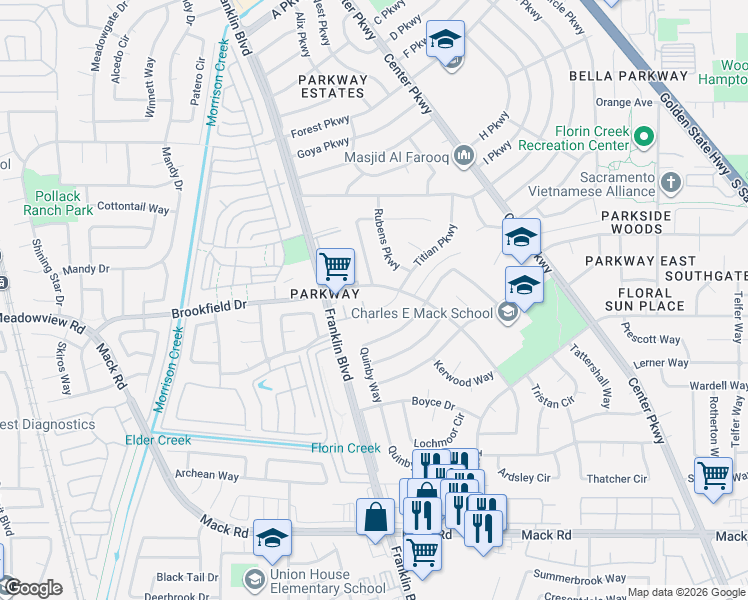 map of restaurants, bars, coffee shops, grocery stores, and more near 4524 Brookfield Drive in Sacramento