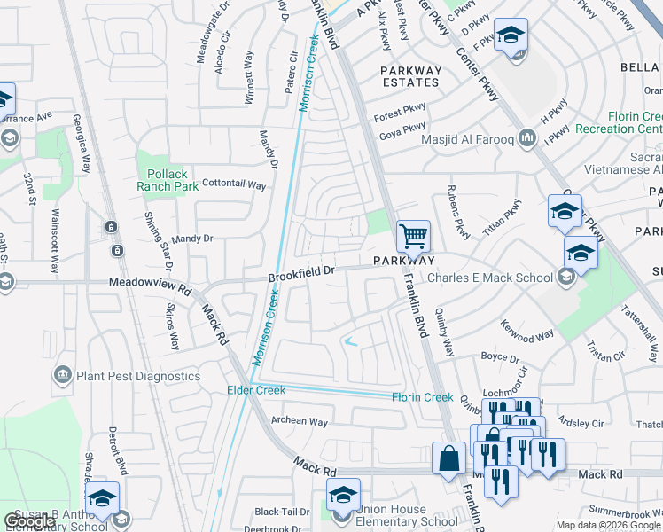 map of restaurants, bars, coffee shops, grocery stores, and more near 4199 Brookfield Drive in Sacramento