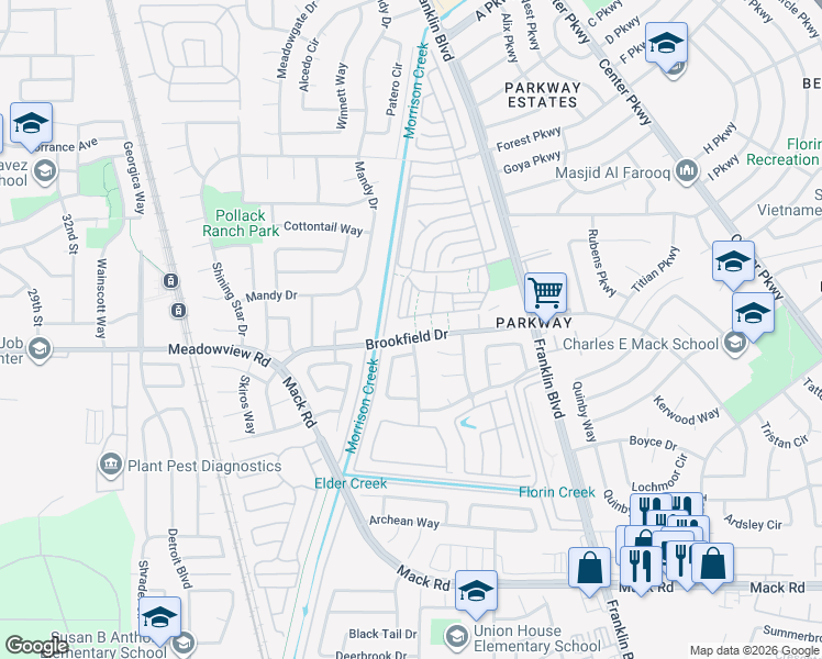 map of restaurants, bars, coffee shops, grocery stores, and more near 4135 Brookfield Drive in Sacramento
