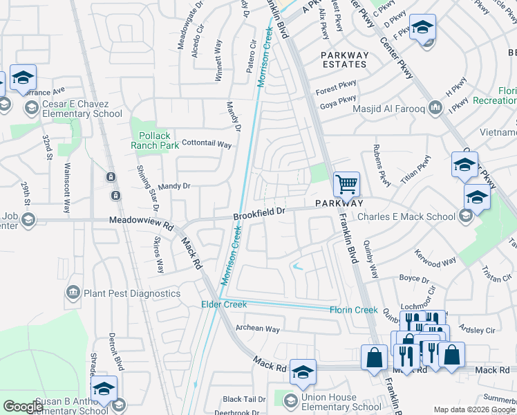 map of restaurants, bars, coffee shops, grocery stores, and more near 4135 Brookfield Drive in Sacramento