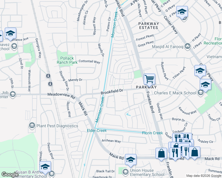 map of restaurants, bars, coffee shops, grocery stores, and more near 4135 Brookfield Drive in Sacramento