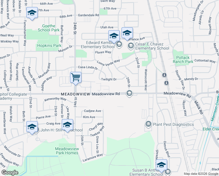 map of restaurants, bars, coffee shops, grocery stores, and more near 113 Coral Gables Court in Sacramento