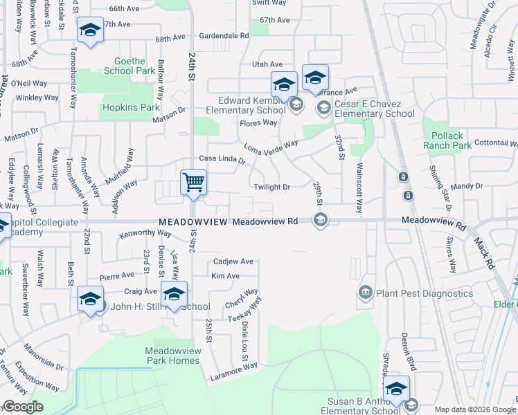 map of restaurants, bars, coffee shops, grocery stores, and more near 113 Coral Gables Court in Sacramento