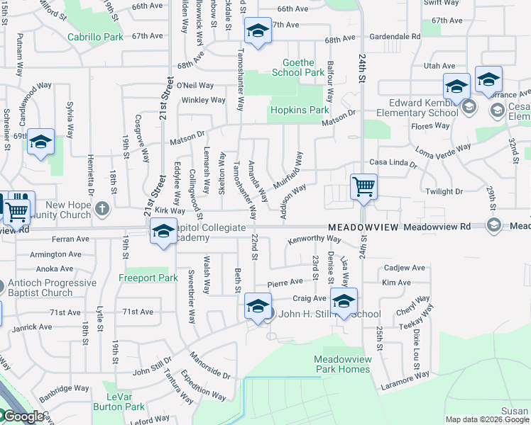 map of restaurants, bars, coffee shops, grocery stores, and more near 2196 Amanda Way in Sacramento