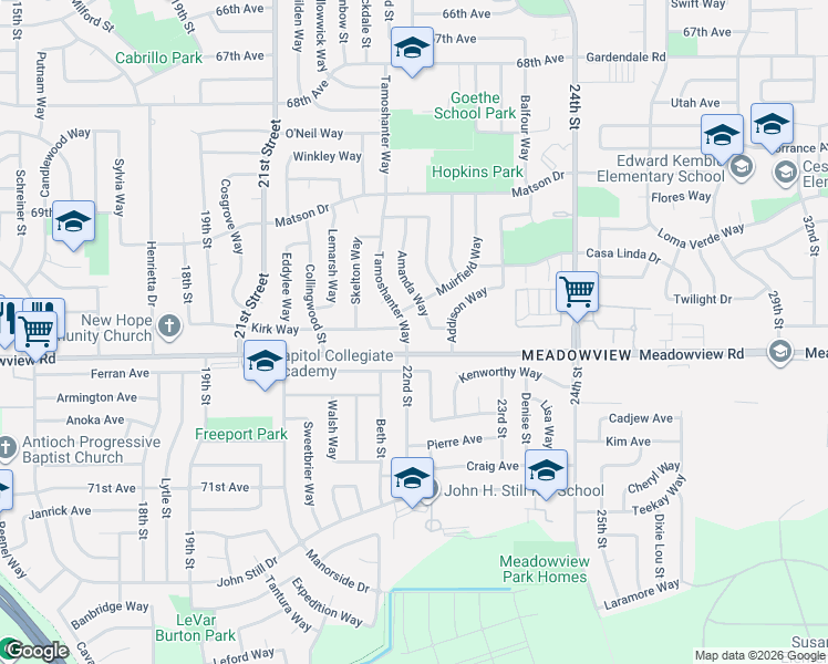 map of restaurants, bars, coffee shops, grocery stores, and more near 2196 Amanda Way in Sacramento