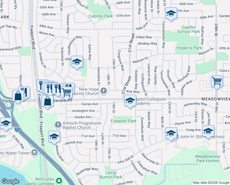 map of restaurants, bars, coffee shops, grocery stores, and more near 2001 Kirk Way in Sacramento