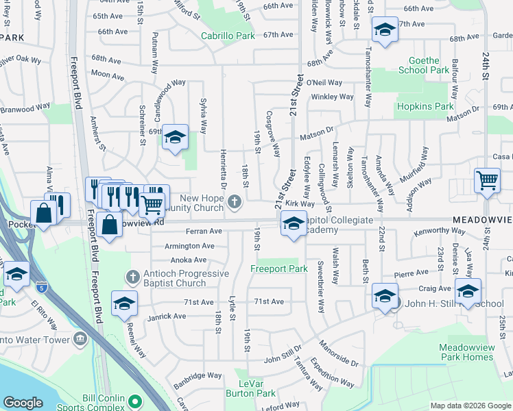 map of restaurants, bars, coffee shops, grocery stores, and more near 2001 Kirk Way in Sacramento