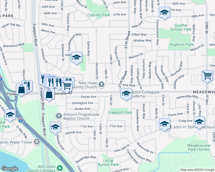 map of restaurants, bars, coffee shops, grocery stores, and more near 7580 18th Street in Sacramento