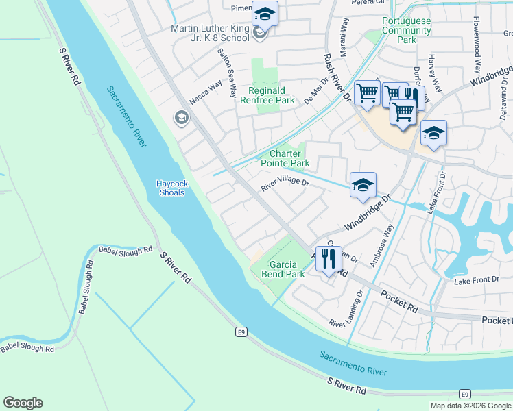 map of restaurants, bars, coffee shops, grocery stores, and more near 7801 River Village Drive in Sacramento