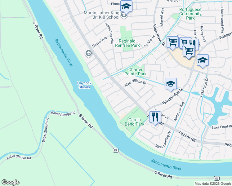 map of restaurants, bars, coffee shops, grocery stores, and more near 7801 River Village Drive in Sacramento