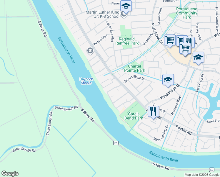map of restaurants, bars, coffee shops, grocery stores, and more near 7776 River Grove in Sacramento