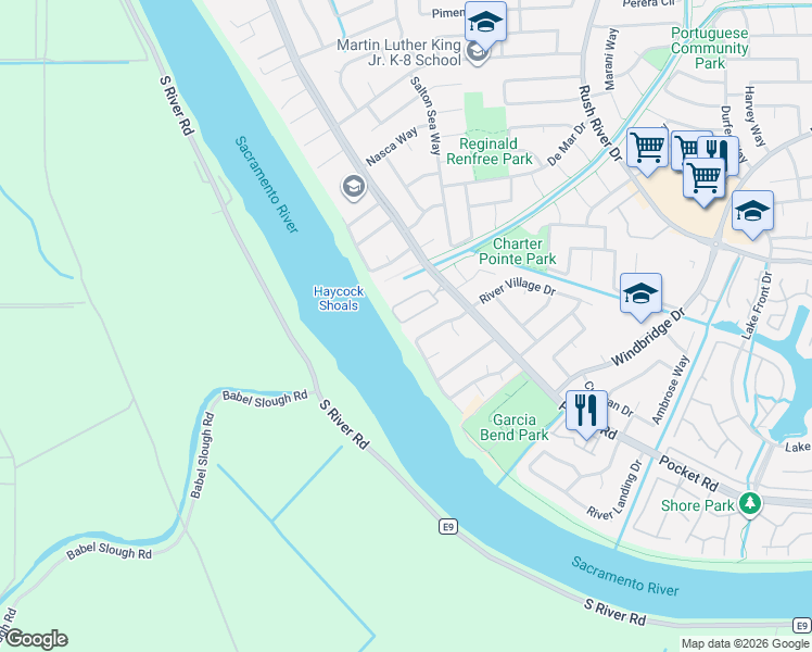 map of restaurants, bars, coffee shops, grocery stores, and more near 7748 River Grove in Sacramento