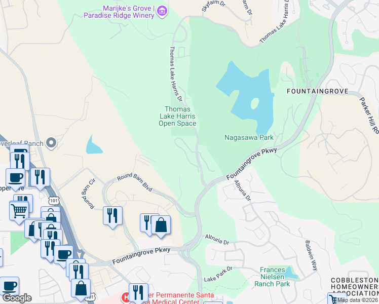 map of restaurants, bars, coffee shops, grocery stores, and more near 2118 Stonefield Lane in Santa Rosa