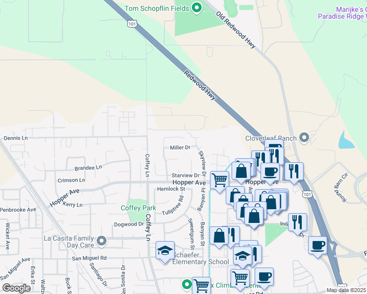 map of restaurants, bars, coffee shops, grocery stores, and more near 3845 Willowview Court in Santa Rosa