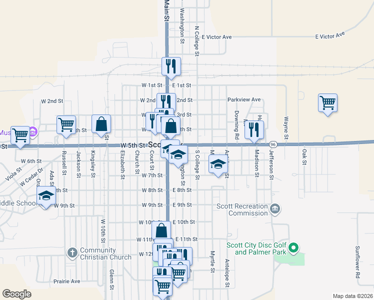 map of restaurants, bars, coffee shops, grocery stores, and more near 238-268 East 5th Street in Scott City