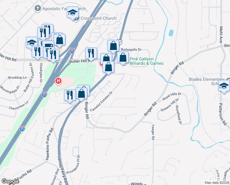 map of restaurants, bars, coffee shops, grocery stores, and more near 5248 Camelot Estates Drive in St. Louis