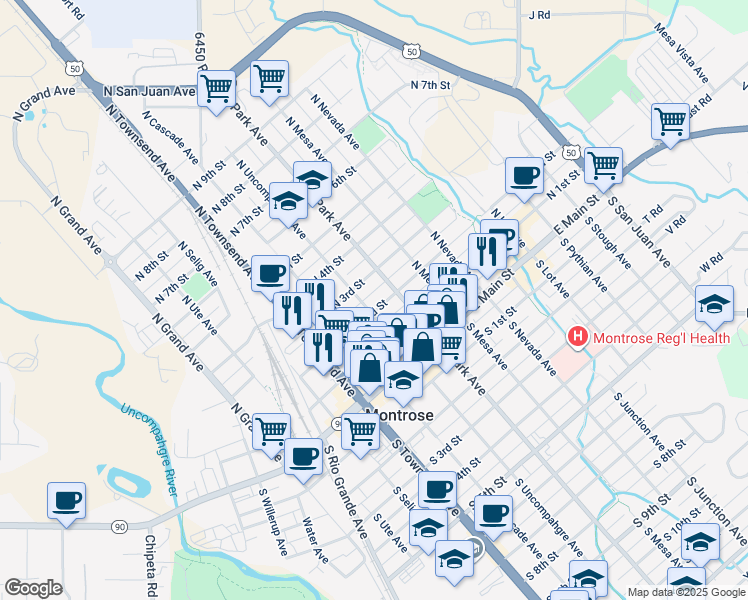 map of restaurants, bars, coffee shops, grocery stores, and more near 511 North 2nd Street in Montrose