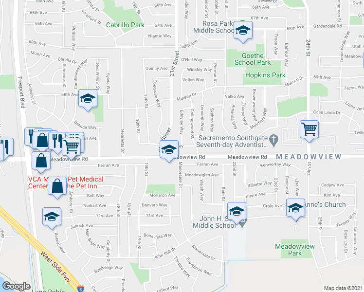 map of restaurants, bars, coffee shops, grocery stores, and more near Kirk Way & Eddylee Way in Sacramento