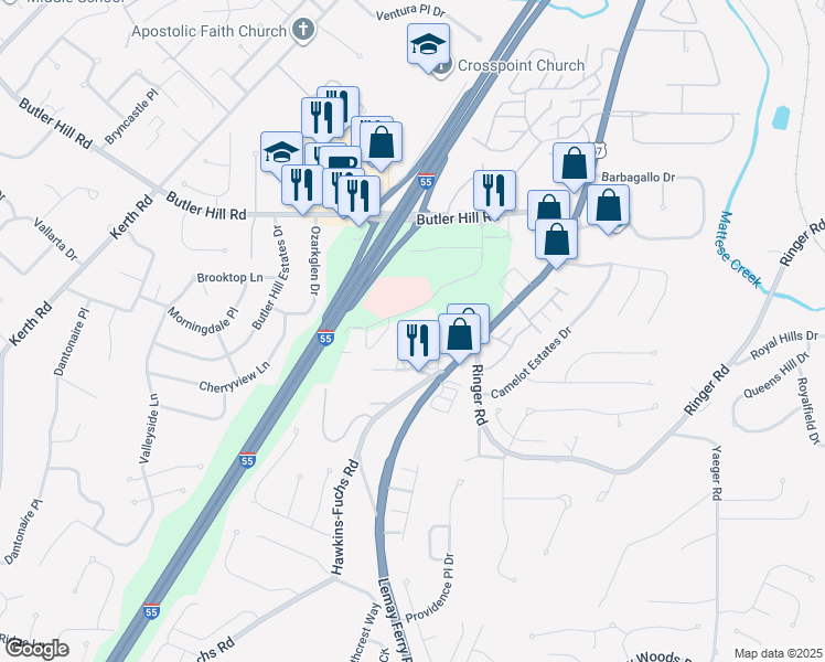 map of restaurants, bars, coffee shops, grocery stores, and more near 5259 Cedarstone Court in St. Louis