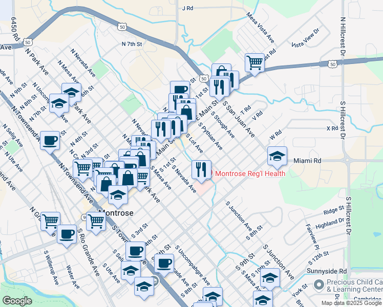 map of restaurants, bars, coffee shops, grocery stores, and more near 936 South 1st Street in Montrose