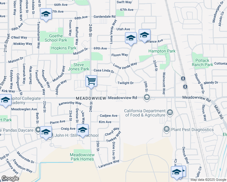 map of restaurants, bars, coffee shops, grocery stores, and more near 2451 Meadowview Road in Sacramento