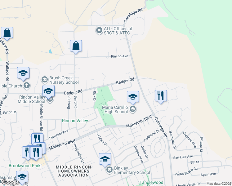 map of restaurants, bars, coffee shops, grocery stores, and more near 5210 Lockwood Circle in Santa Rosa