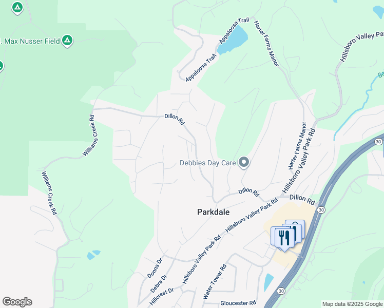 map of restaurants, bars, coffee shops, grocery stores, and more near 2114 Linnus Drive in High Ridge