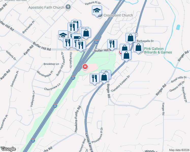 map of restaurants, bars, coffee shops, grocery stores, and more near 5259 Cedarstone Court in St. Louis