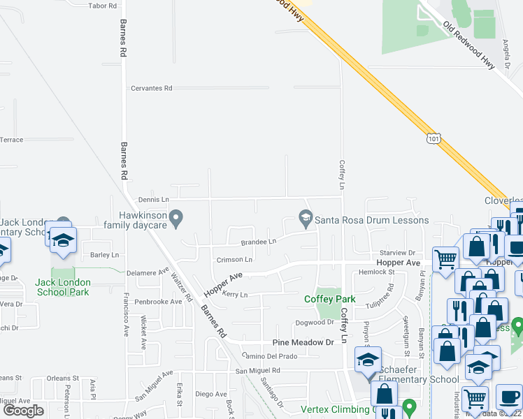 map of restaurants, bars, coffee shops, grocery stores, and more near 2028 Dennis Lane in Santa Rosa