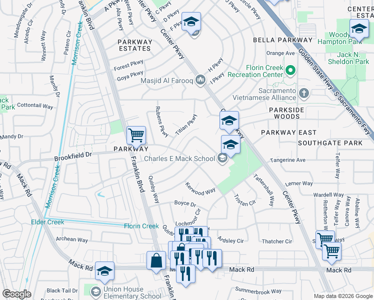 map of restaurants, bars, coffee shops, grocery stores, and more near 5 Saint Marie Circle in Sacramento