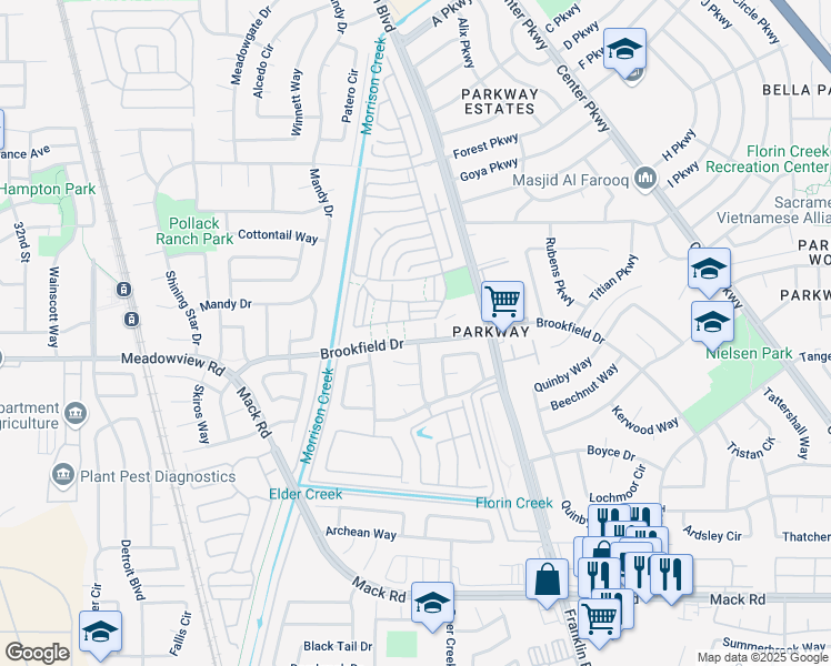 map of restaurants, bars, coffee shops, grocery stores, and more near 4199 Brookfield Drive in Sacramento
