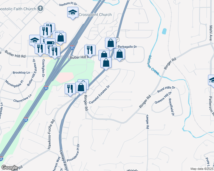 map of restaurants, bars, coffee shops, grocery stores, and more near 5269 Camelot Estates Drive in St. Louis