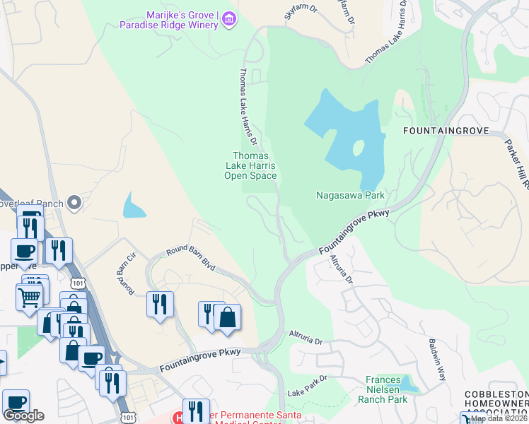 map of restaurants, bars, coffee shops, grocery stores, and more near 2073 Stonefield Lane in Santa Rosa