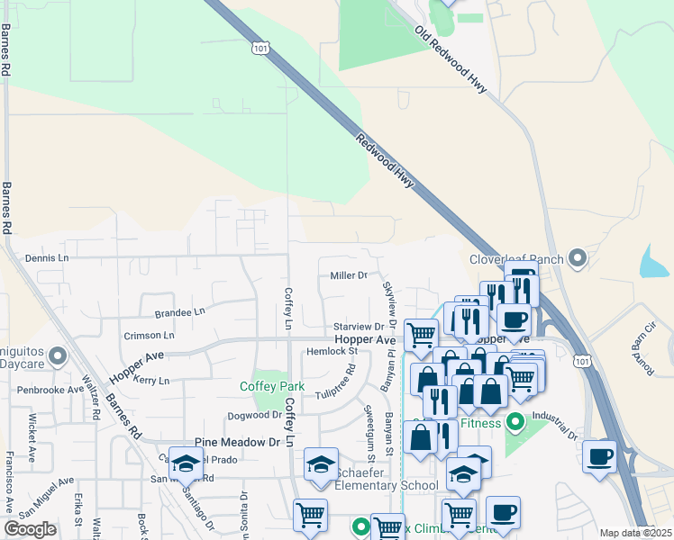 map of restaurants, bars, coffee shops, grocery stores, and more near 1331 Miller Drive in Santa Rosa