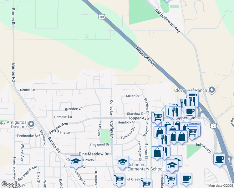 map of restaurants, bars, coffee shops, grocery stores, and more near 3796 Coffey Lane in Santa Rosa