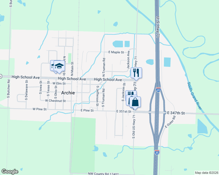 map of restaurants, bars, coffee shops, grocery stores, and more near 503 East State Route A in Archie