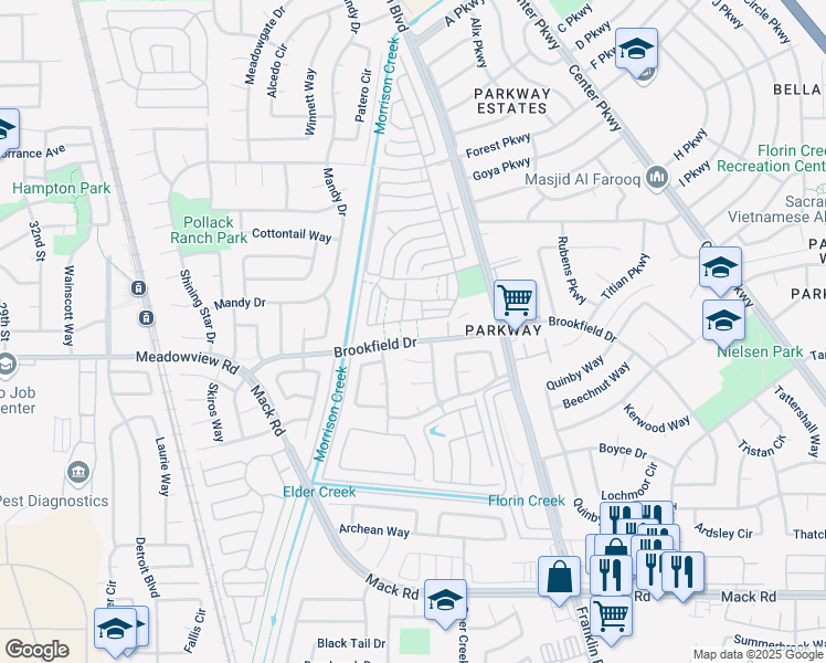 map of restaurants, bars, coffee shops, grocery stores, and more near 4189 Brookfield Drive in Sacramento