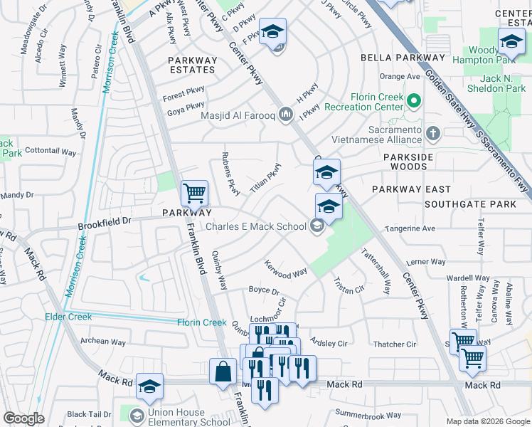 map of restaurants, bars, coffee shops, grocery stores, and more near 5 Saint Marie Circle in Sacramento